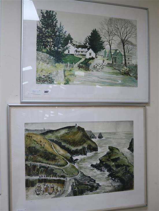 Jeremy King, two colour prints, farm scene and a coastal scene, largest 56 x 77cm